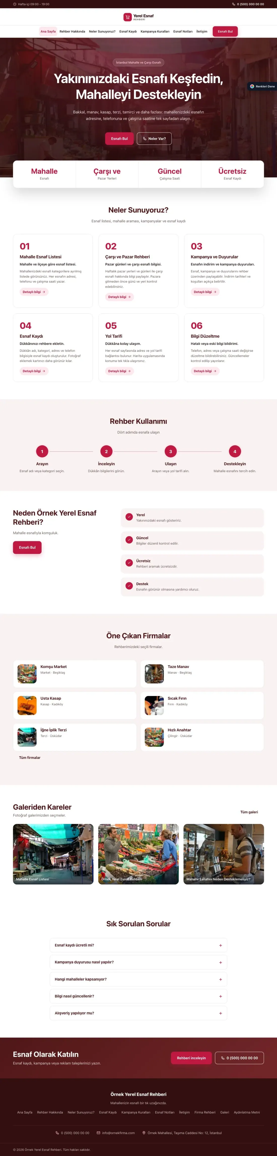 Yerel Esnaf Rehberi için Merkez Bordo Kırmızı – Yerel Esnaf Rehberi Web Sitesi ana sayfa görünümü