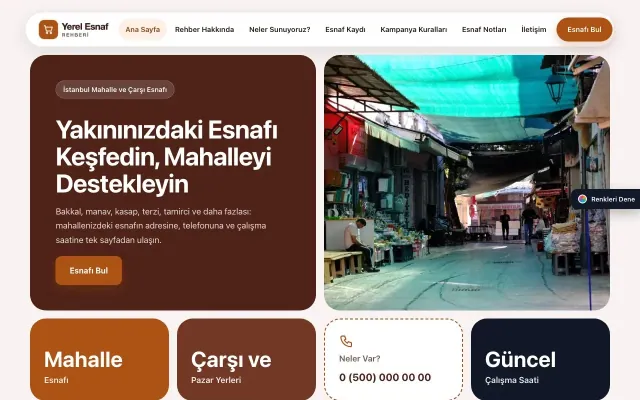 Yerel Esnaf Rehberi için Mozaik Bordo Turuncu – Yerel Esnaf Rehberi Web Sitesi ana sayfa görünümü