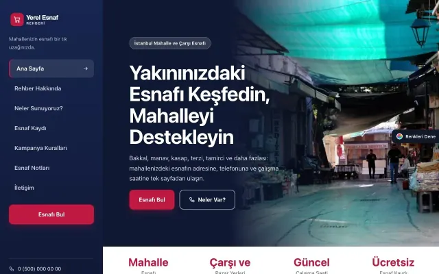 Yerel Esnaf Rehberi için Sol Menü Lacivert Kırmızı – Yerel Esnaf Rehberi Web Sitesi ana sayfa görünümü