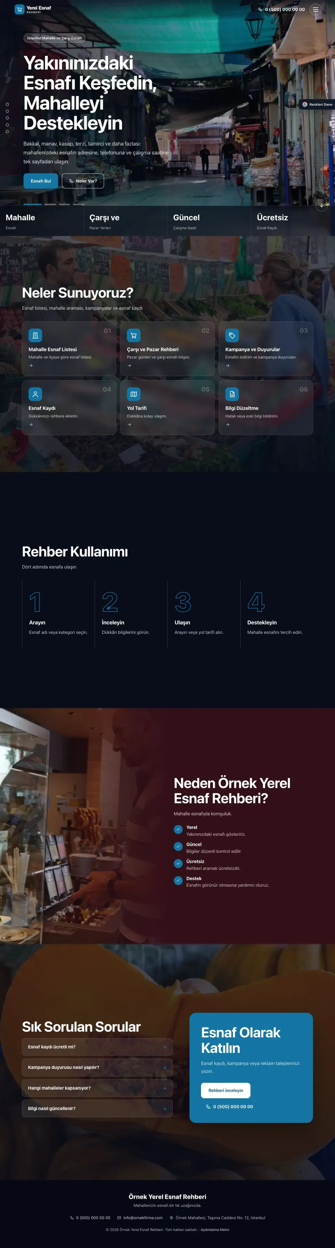 Yerel Esnaf Rehberi için Tam Ekran Bordo Mavi – Yerel Esnaf Rehberi Web Sitesi ana sayfa görünümü