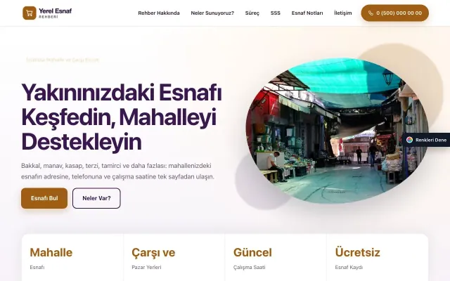 Yerel Esnaf Rehberi için Tek Sayfa Mor Turuncu – Yerel Esnaf Rehberi Web Sitesi ana sayfa görünümü