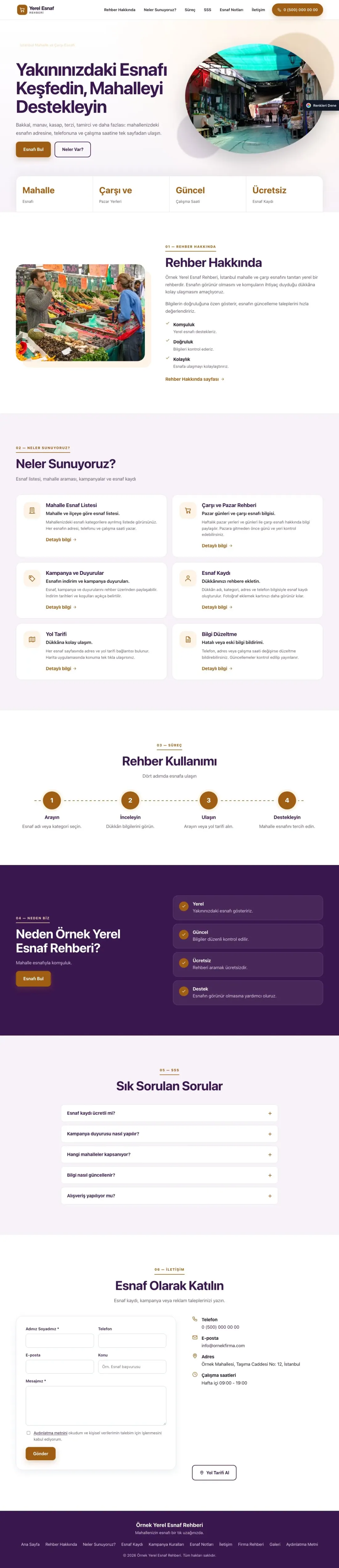 Yerel Esnaf Rehberi için Tek Sayfa Mor Turuncu – Yerel Esnaf Rehberi Web Sitesi ana sayfa görünümü