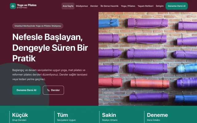 Blok Bordo Turkuaz – Yoga ve Pilates Web Sitesi ana sayfa görünümü