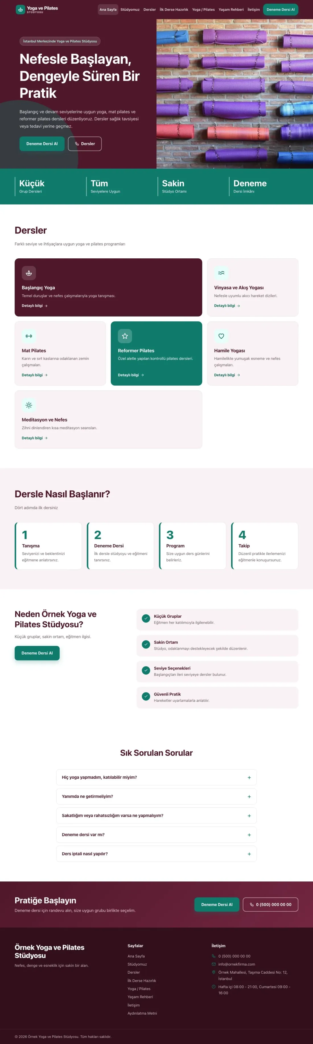 Blok Bordo Turkuaz – Yoga ve Pilates Web Sitesi ana sayfa görünümü