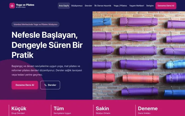 Blok Lacivert Pembe – Yoga ve Pilates Web Sitesi ana sayfa görünümü