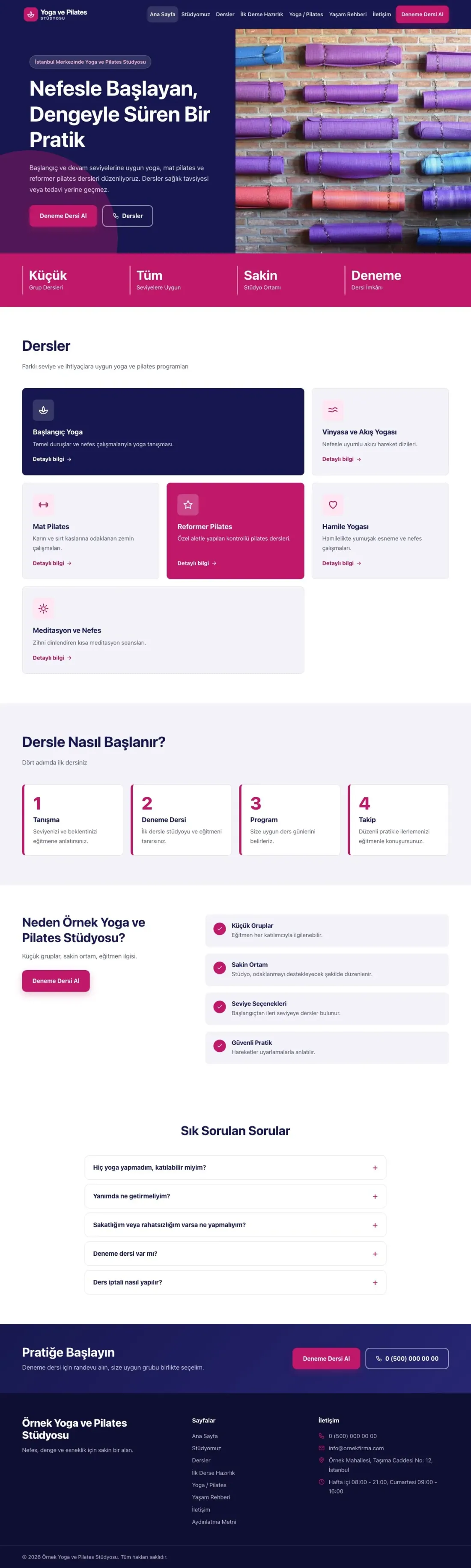 Blok Lacivert Pembe – Yoga ve Pilates Web Sitesi ana sayfa görünümü