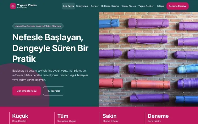 Blok Petrol Pembe – Yoga ve Pilates Web Sitesi ana sayfa görünümü