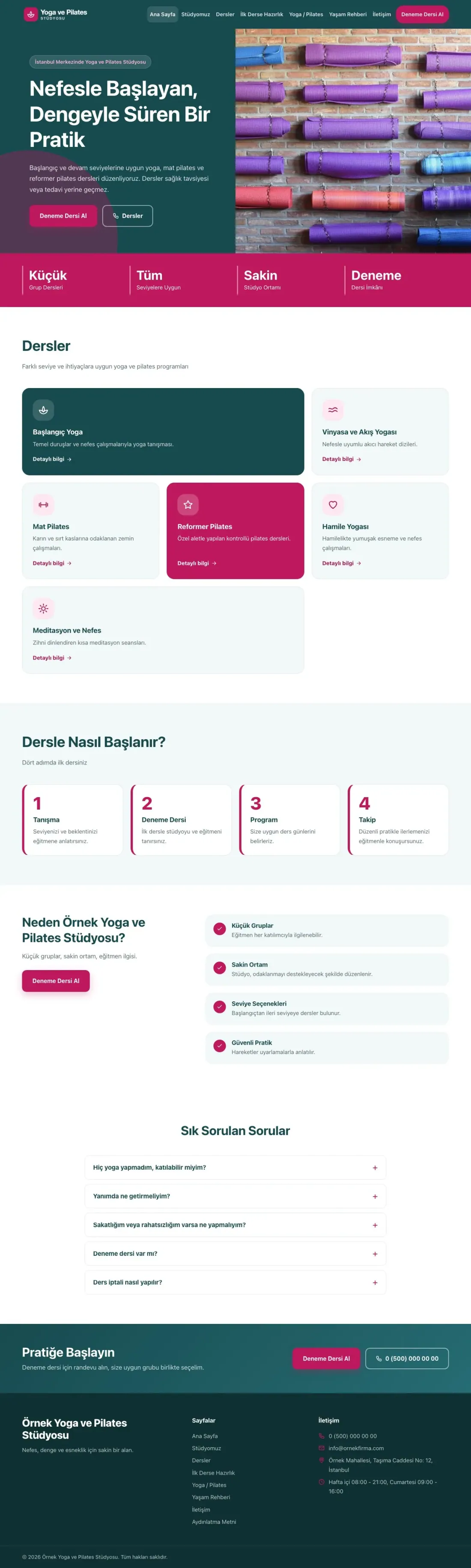 Blok Petrol Pembe – Yoga ve Pilates Web Sitesi ana sayfa görünümü