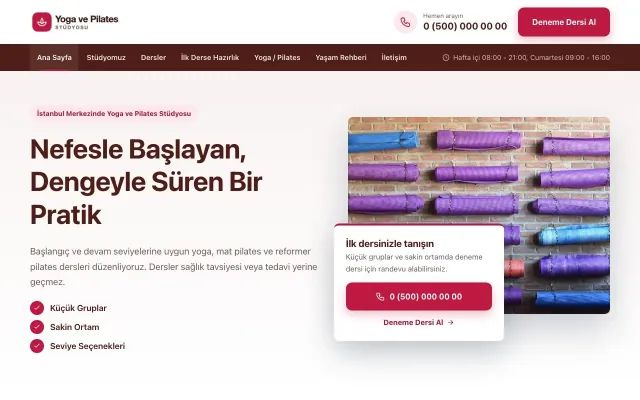 Bölünmüş Bordo Kırmızı – Yoga ve Pilates Web Sitesi ana sayfa görünümü