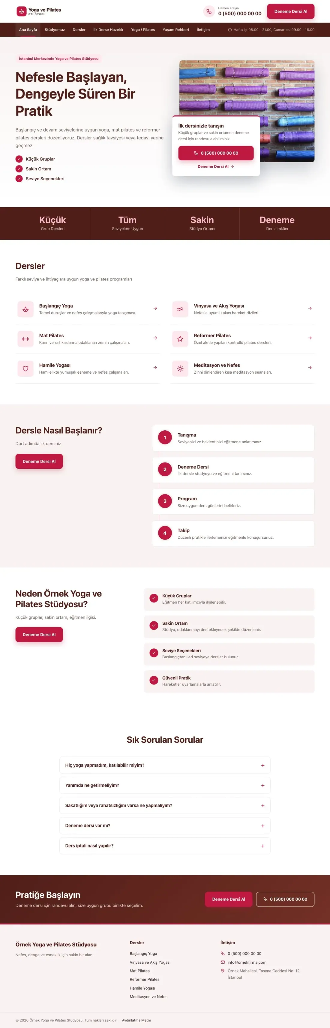 Bölünmüş Bordo Kırmızı – Yoga ve Pilates Web Sitesi ana sayfa görünümü