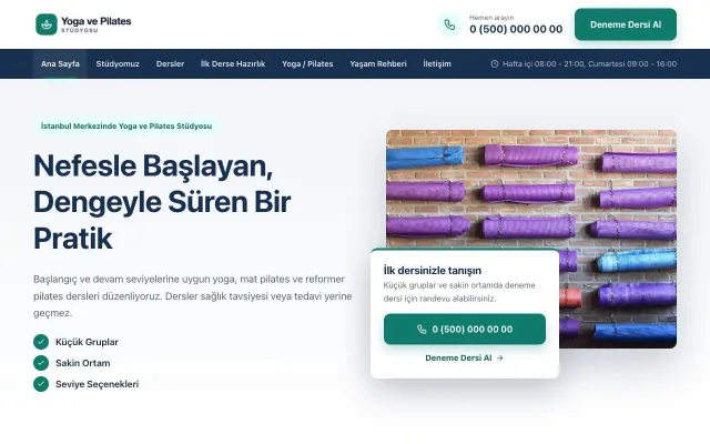 Bölünmüş Mavi Turkuaz – Yoga ve Pilates Web Sitesi ana sayfa görünümü