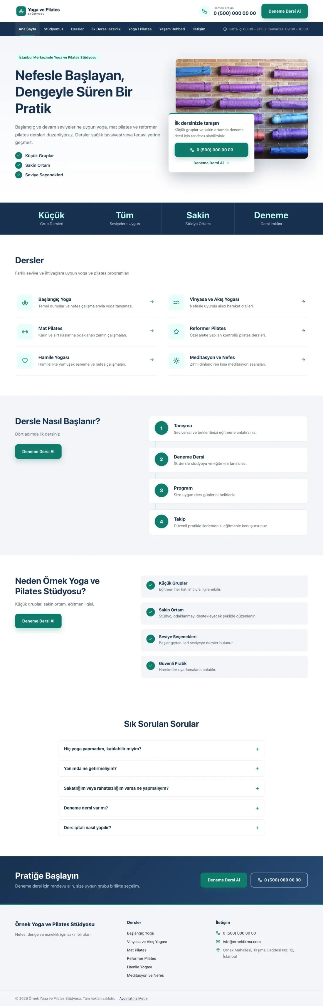 Bölünmüş Mavi Turkuaz – Yoga ve Pilates Web Sitesi ana sayfa görünümü