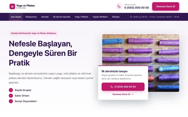 Bölünmüş Mor Pembe – Yoga ve Pilates Web Sitesi ana sayfa görünümü