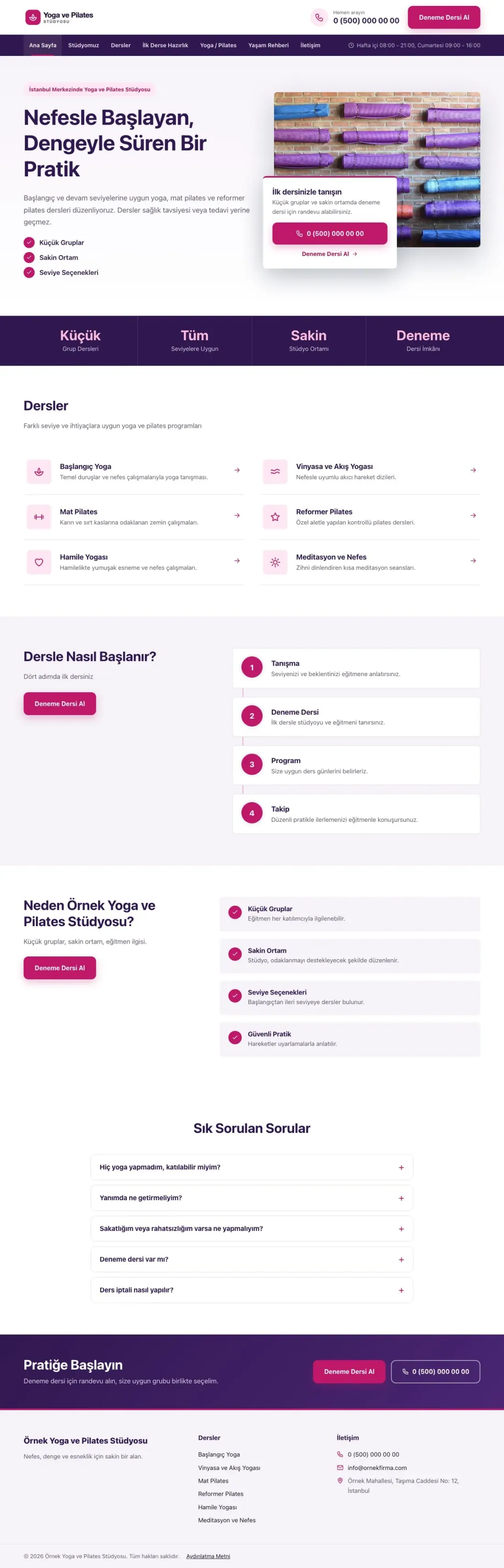 Bölünmüş Mor Pembe – Yoga ve Pilates Web Sitesi ana sayfa görünümü