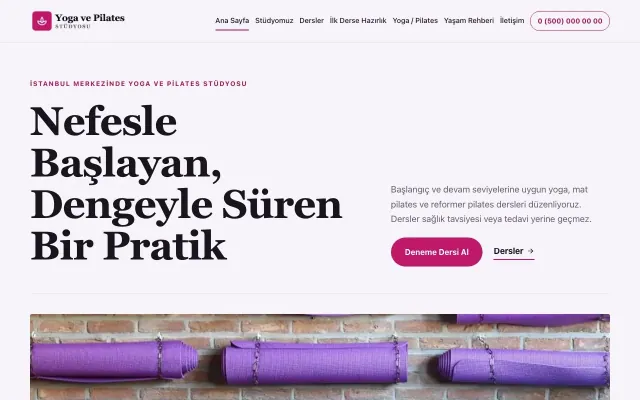 Editoryal Mor Pembe – Yoga ve Pilates Web Sitesi ana sayfa görünümü