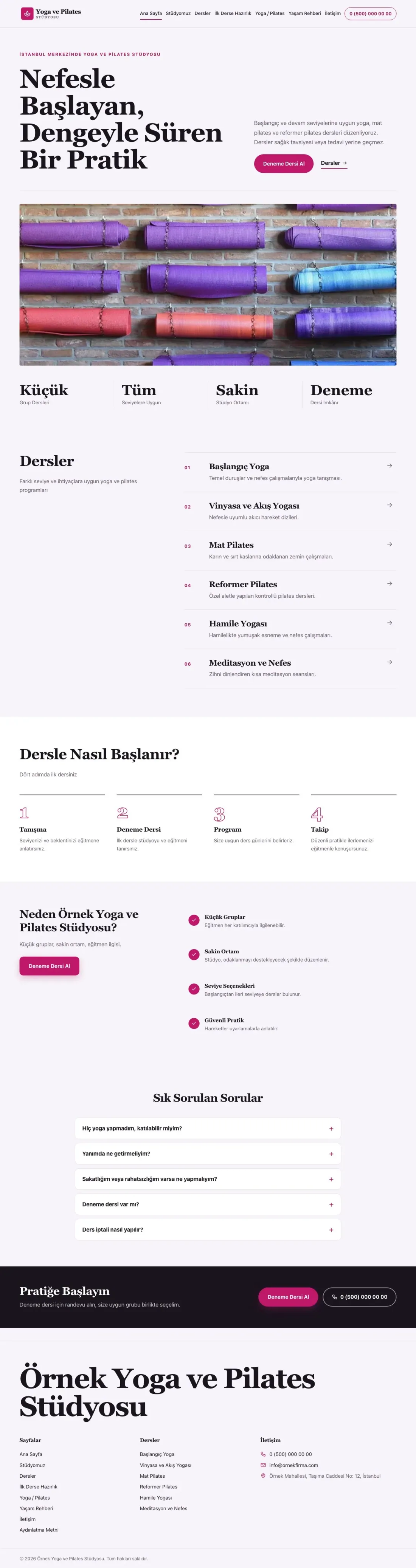 Editoryal Mor Pembe – Yoga ve Pilates Web Sitesi ana sayfa görünümü