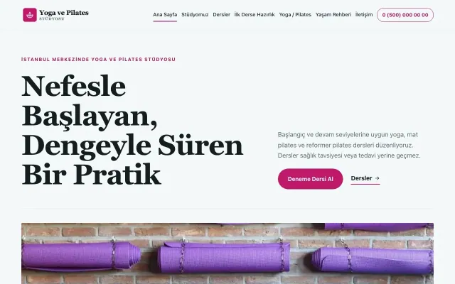 Editoryal Petrol Pembe – Yoga ve Pilates Web Sitesi ana sayfa görünümü