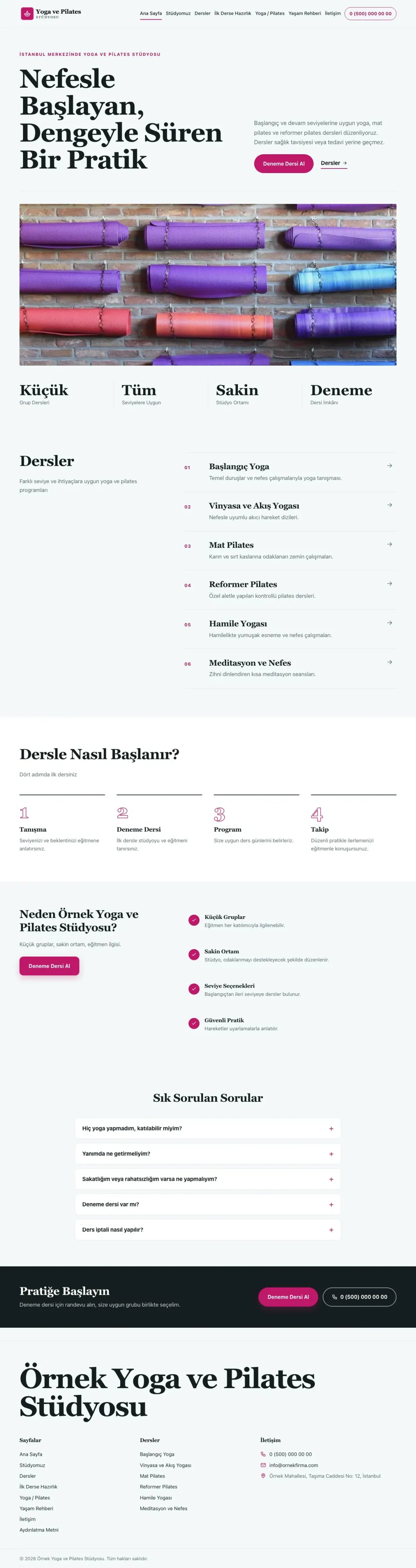 Editoryal Petrol Pembe – Yoga ve Pilates Web Sitesi ana sayfa görünümü