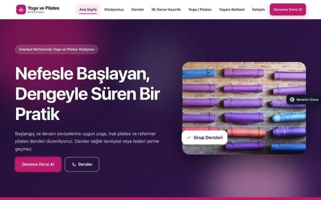 Yoga ve Pilates için Hareketli Mor Pembe – Yoga ve Pilates Web Sitesi ana sayfa görünümü