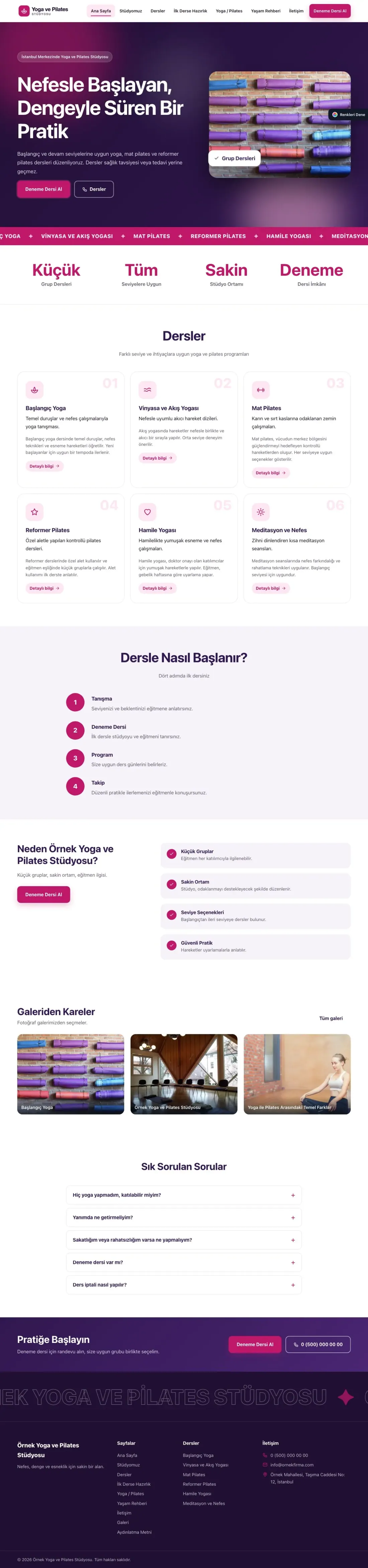 Yoga ve Pilates için Hareketli Mor Pembe – Yoga ve Pilates Web Sitesi ana sayfa görünümü