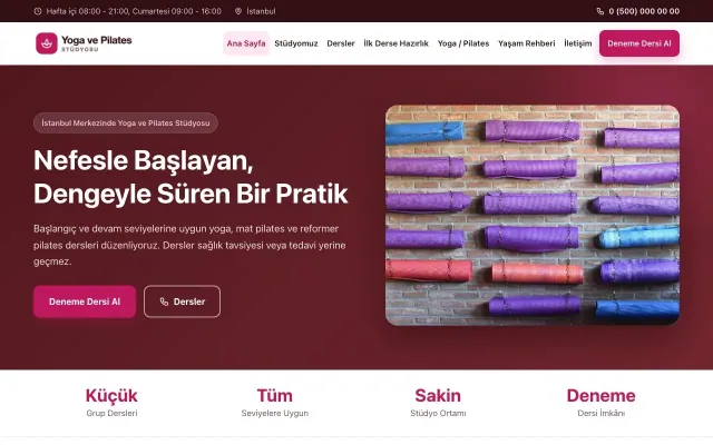 Klasik Bordo Pembe – Yoga ve Pilates Web Sitesi ana sayfa görünümü