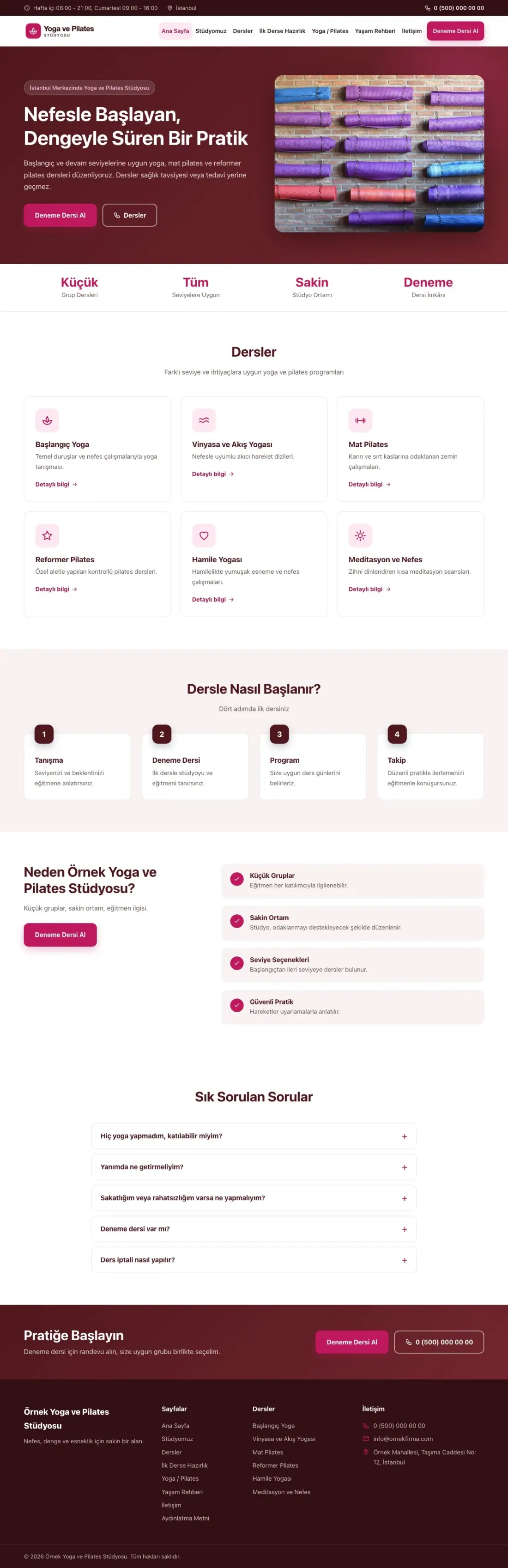 Klasik Bordo Pembe – Yoga ve Pilates Web Sitesi ana sayfa görünümü