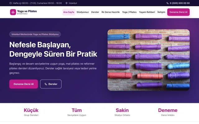 Klasik Lacivert Pembe – Yoga ve Pilates Web Sitesi ana sayfa görünümü