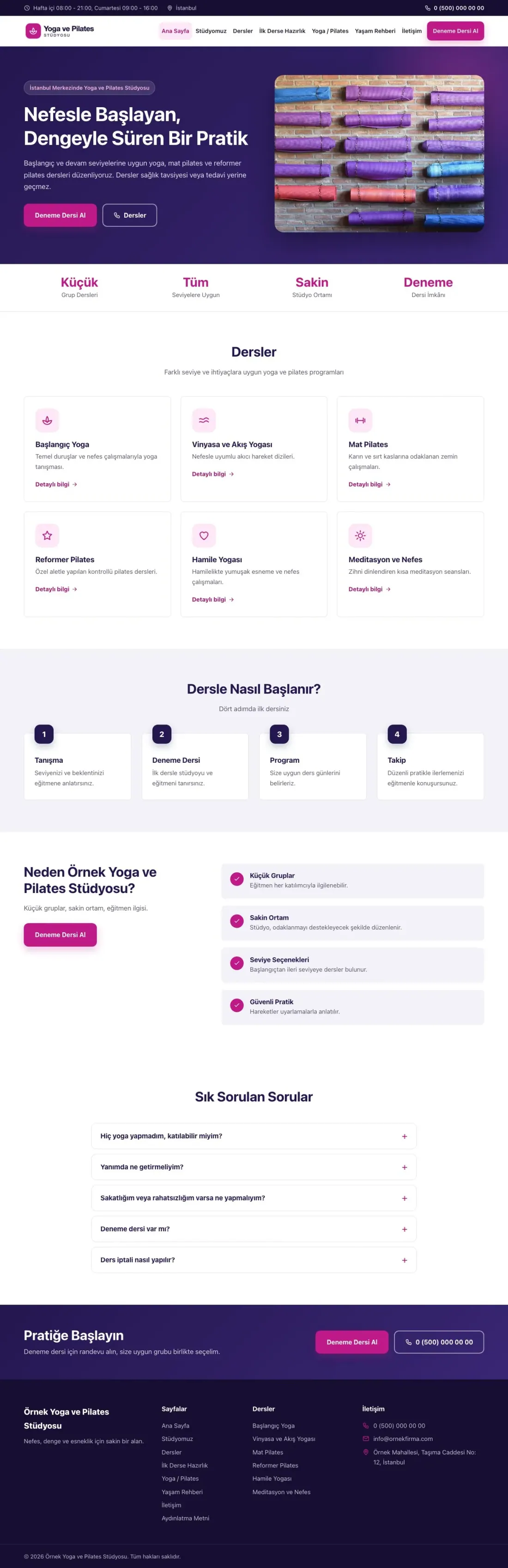 Klasik Lacivert Pembe – Yoga ve Pilates Web Sitesi ana sayfa görünümü