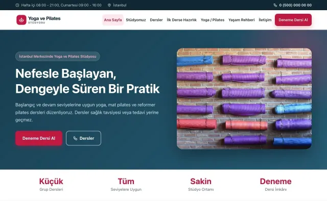 Klasik Mavi Kırmızı – Yoga ve Pilates Web Sitesi ana sayfa görünümü