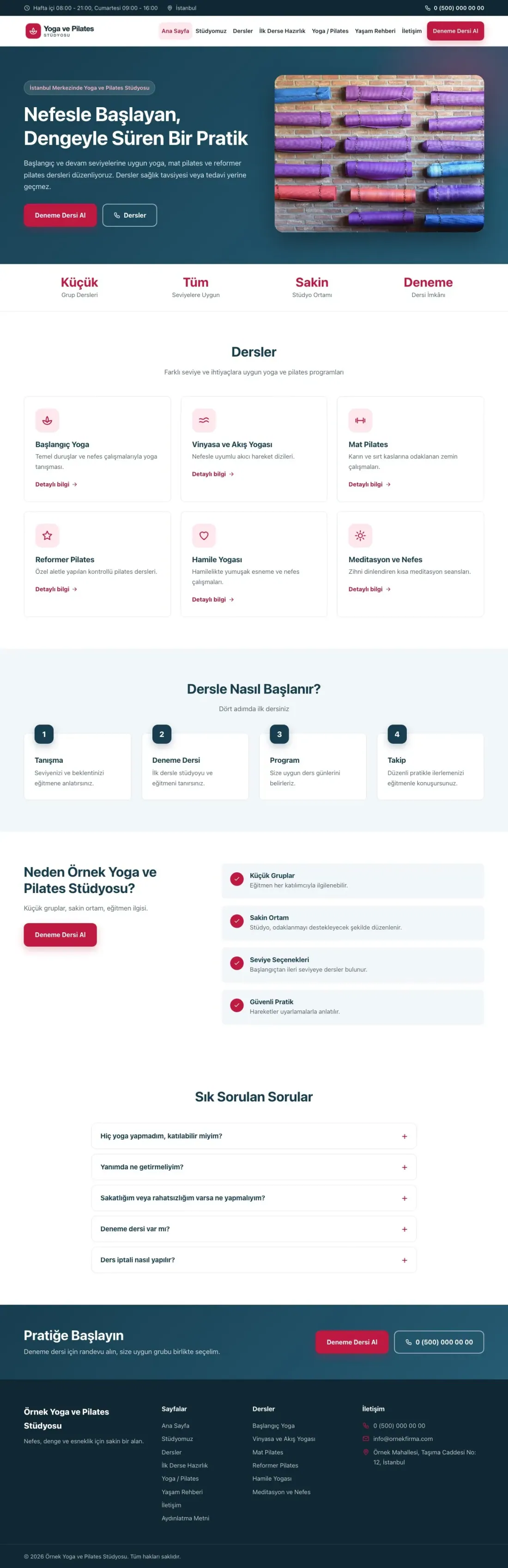 Klasik Mavi Kırmızı – Yoga ve Pilates Web Sitesi ana sayfa görünümü