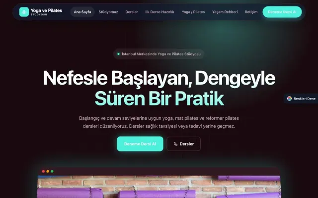Yoga ve Pilates için Koyu Modern Bordo Turkuaz – Yoga ve Pilates Web Sitesi ana sayfa görünümü
