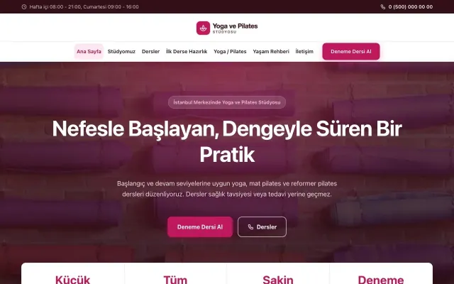 Merkez Bordo Pembe – Yoga ve Pilates Web Sitesi ana sayfa görünümü
