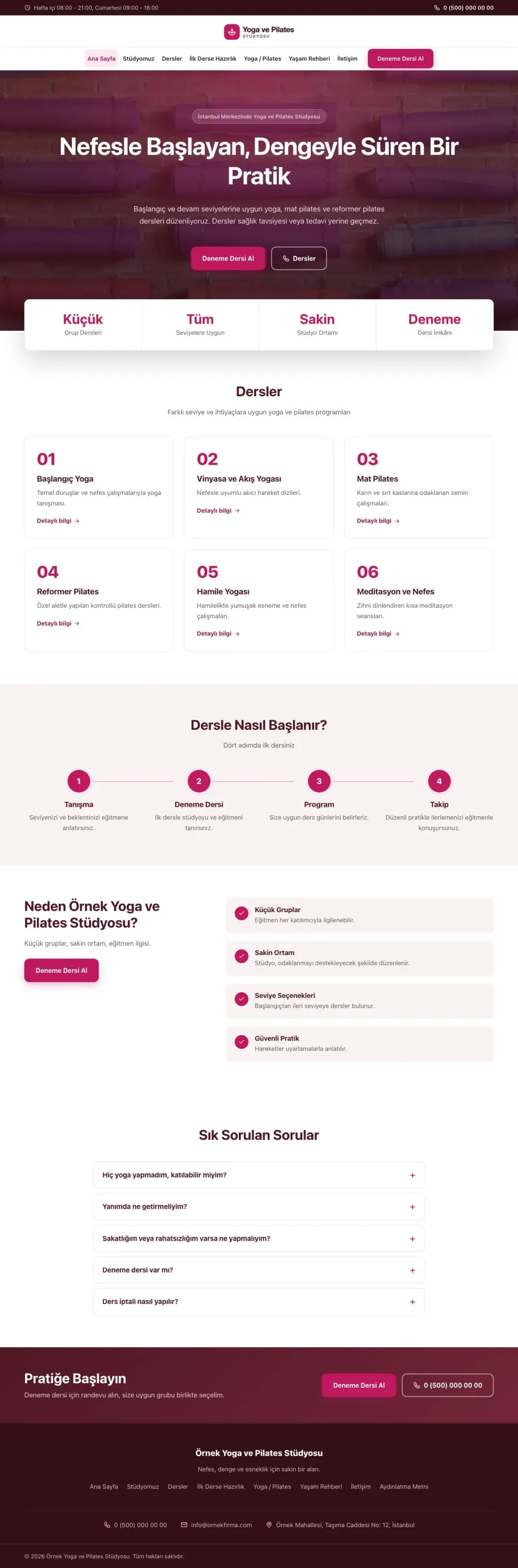 Merkez Bordo Pembe – Yoga ve Pilates Web Sitesi ana sayfa görünümü