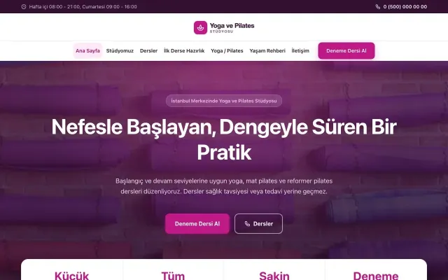 Merkez Erik Pembe – Yoga ve Pilates Web Sitesi ana sayfa görünümü