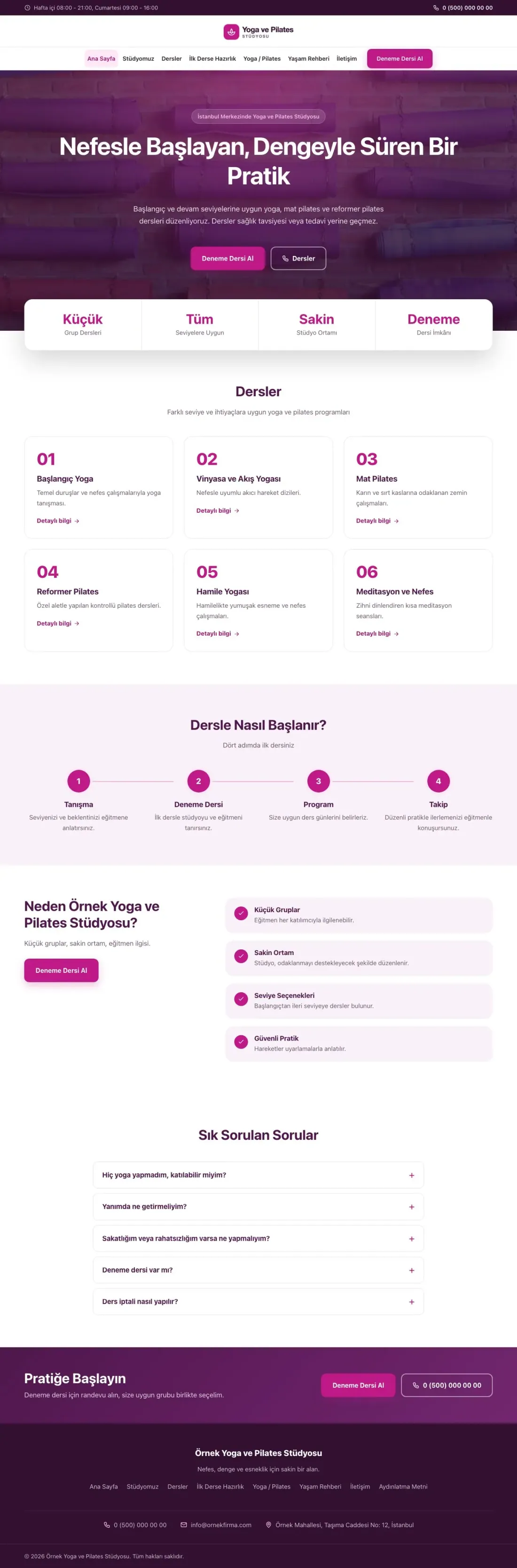 Merkez Erik Pembe – Yoga ve Pilates Web Sitesi ana sayfa görünümü