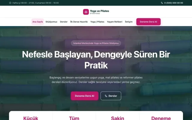 Merkez Petrol Pembe – Yoga ve Pilates Web Sitesi ana sayfa görünümü