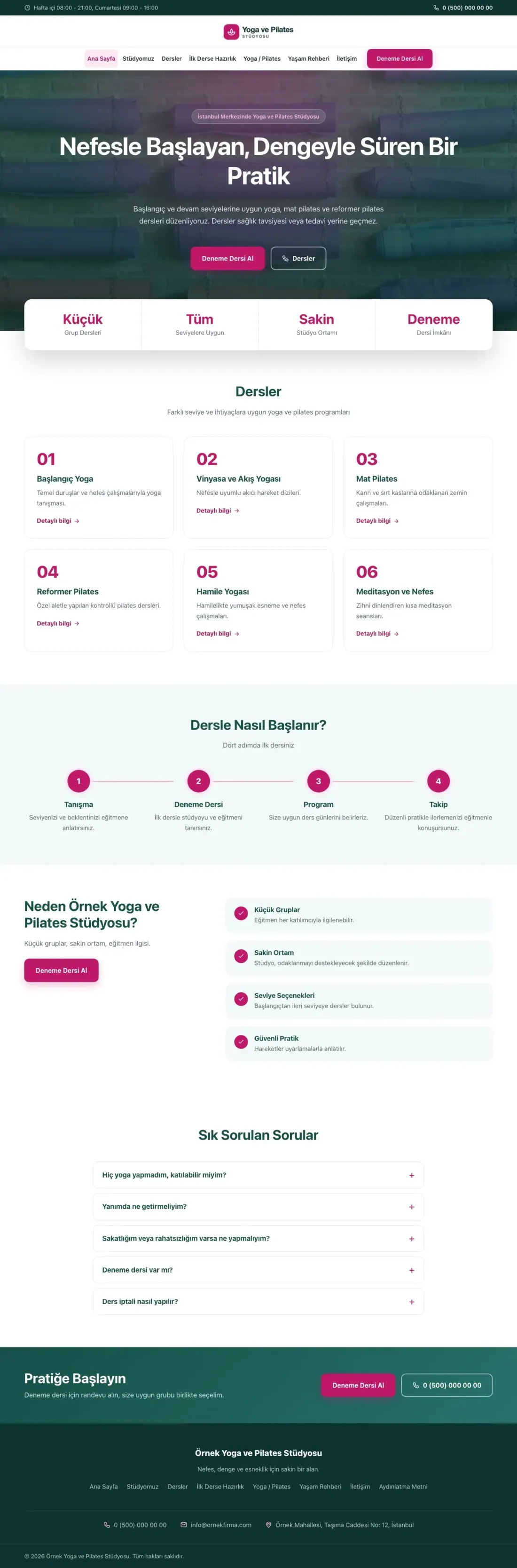 Merkez Petrol Pembe – Yoga ve Pilates Web Sitesi ana sayfa görünümü