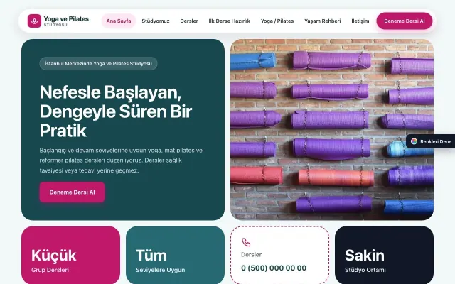 Yoga ve Pilates için Mozaik Petrol Pembe – Yoga ve Pilates Web Sitesi ana sayfa görünümü
