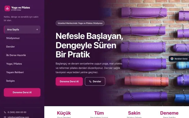 Yoga ve Pilates için Sol Menü Mor Pembe – Yoga ve Pilates Web Sitesi ana sayfa görünümü