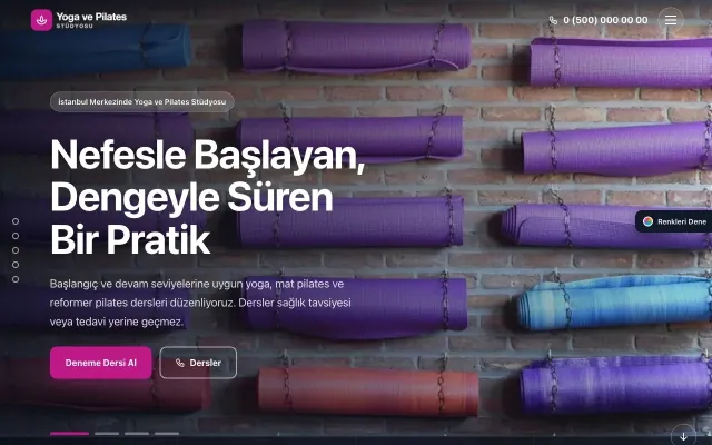 Yoga ve Pilates için Tam Ekran Petrol Pembe – Yoga ve Pilates Web Sitesi ana sayfa görünümü