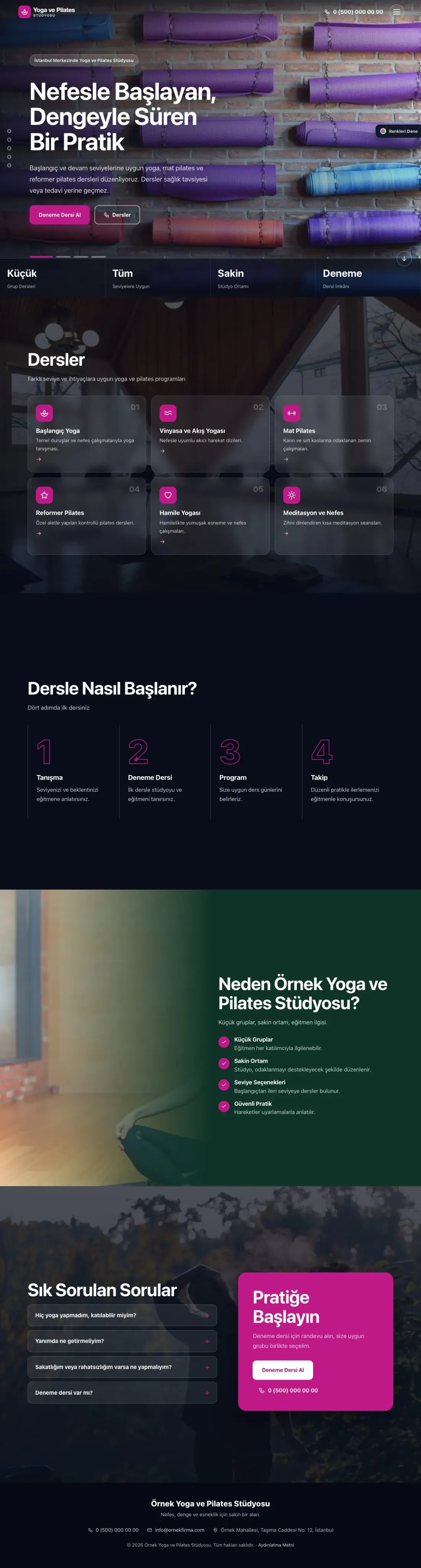Yoga ve Pilates için Tam Ekran Petrol Pembe – Yoga ve Pilates Web Sitesi ana sayfa görünümü