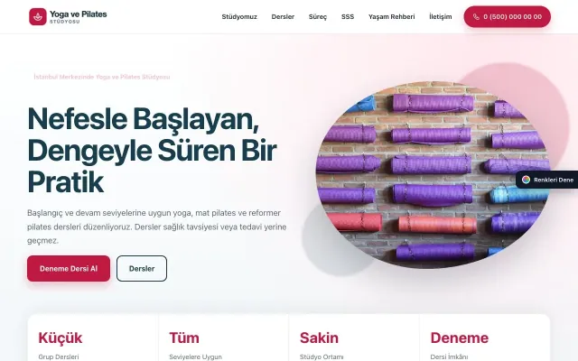 Yoga ve Pilates için Tek Sayfa Mavi Kırmızı – Yoga ve Pilates Web Sitesi ana sayfa görünümü