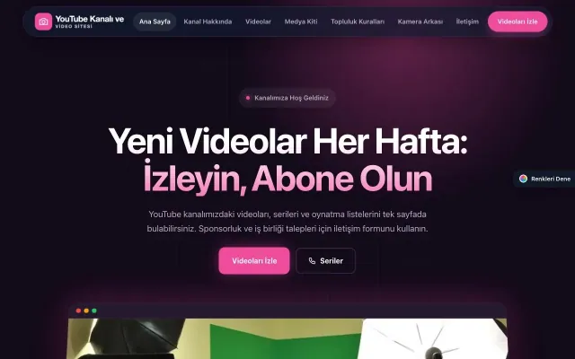YouTube Kanalı ve Video Sitesi için Koyu Modern Mor Pembe – YouTube Kanalı ve Video Sitesi Web Sitesi ana sayfa görünümü