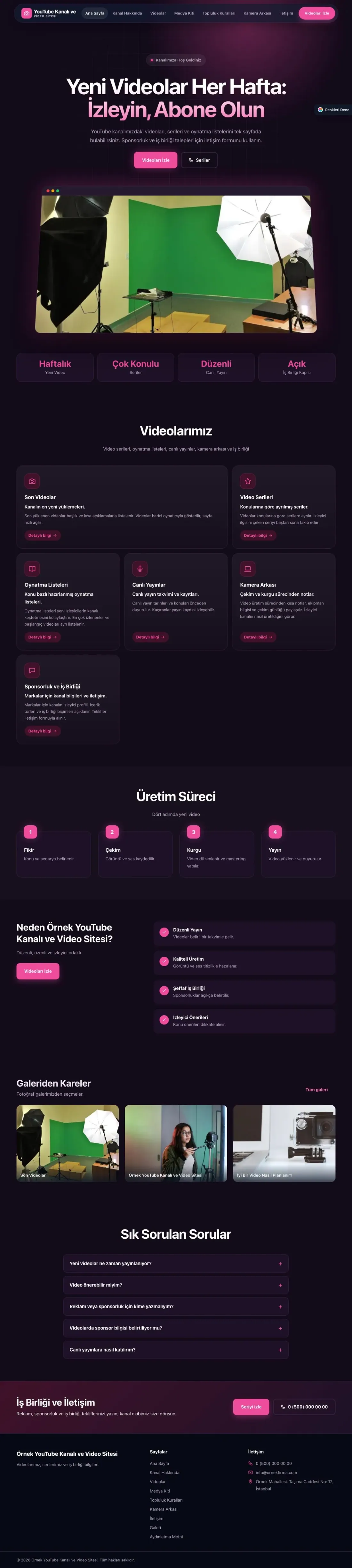 YouTube Kanalı ve Video Sitesi için Koyu Modern Mor Pembe – YouTube Kanalı ve Video Sitesi Web Sitesi ana sayfa görünümü