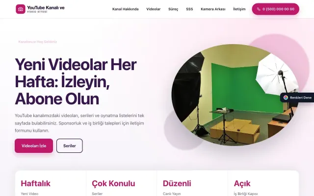 YouTube Kanalı ve Video Sitesi için Tek Sayfa Mor Pembe – YouTube Kanalı ve Video Sitesi Web Sitesi ana sayfa görünümü