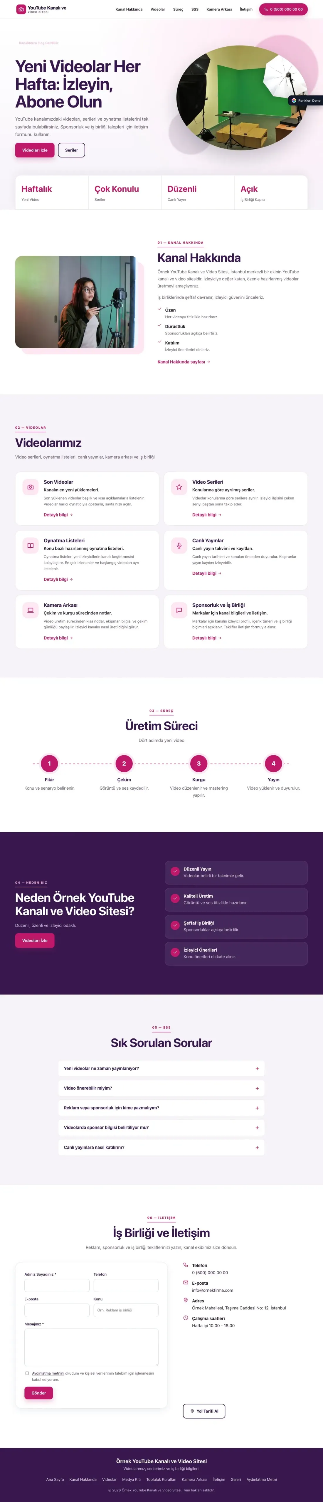 YouTube Kanalı ve Video Sitesi için Tek Sayfa Mor Pembe – YouTube Kanalı ve Video Sitesi Web Sitesi ana sayfa görünümü