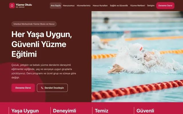 Yüzme Okulu ve Havuz için Blok Bordo Kırmızı – Yüzme Okulu ve Havuz Web Sitesi ana sayfa görünümü