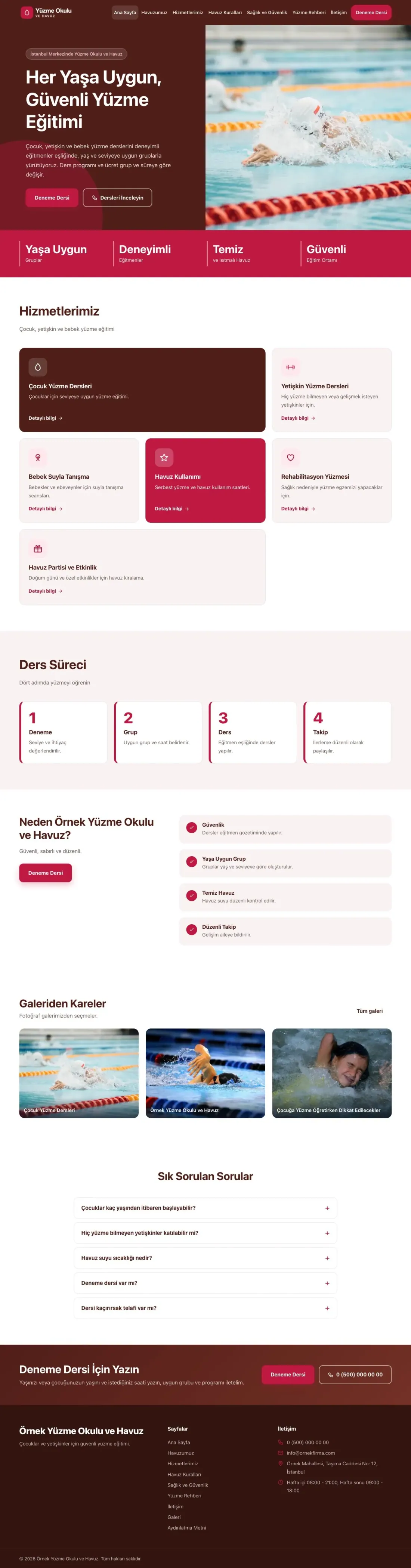 Yüzme Okulu ve Havuz için Blok Bordo Kırmızı – Yüzme Okulu ve Havuz Web Sitesi ana sayfa görünümü