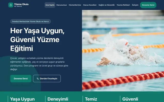 Yüzme Okulu ve Havuz için Blok Mavi Turkuaz – Yüzme Okulu ve Havuz Web Sitesi ana sayfa görünümü