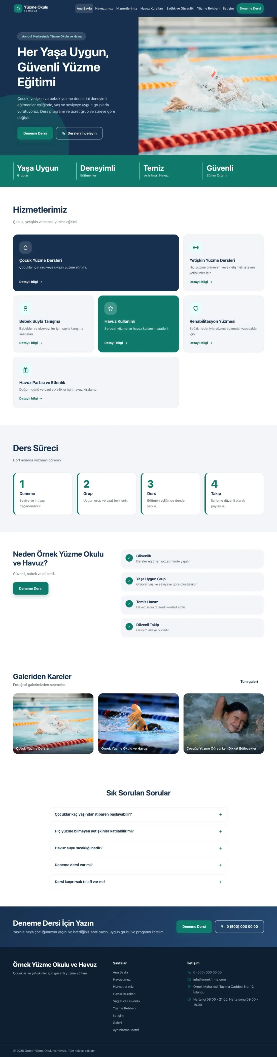 Yüzme Okulu ve Havuz için Blok Mavi Turkuaz – Yüzme Okulu ve Havuz Web Sitesi ana sayfa görünümü